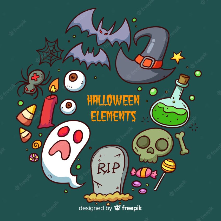 Colorful hand drawn halloween element collection