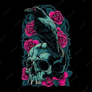 Colorful a skull with a crow perched on it on a rose background for t shirt design
