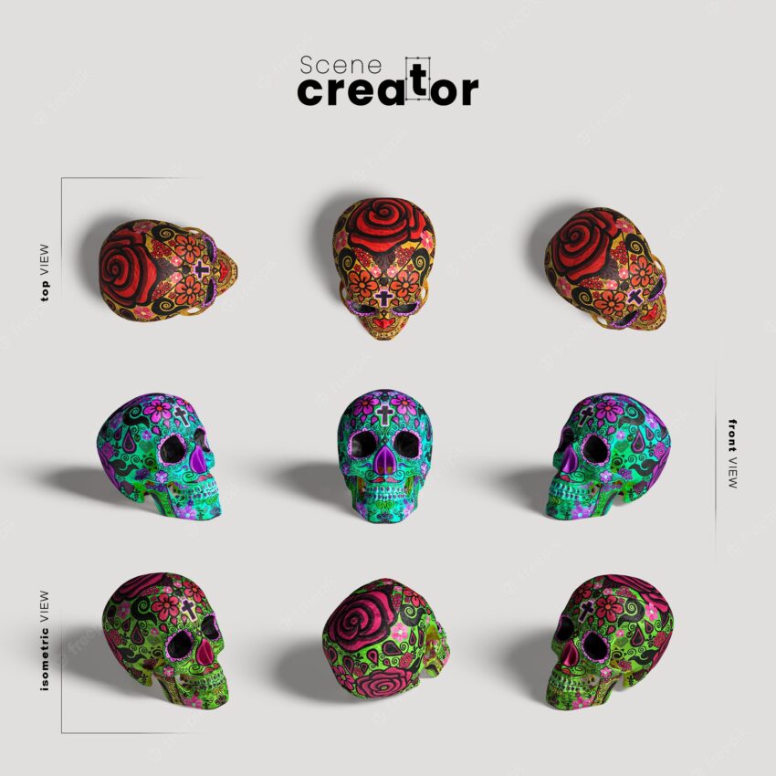 Colourful skull variety of angles halloween scene creator
