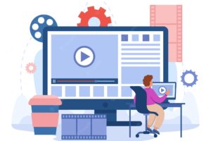 Content creator editing video footage in studio. editor publishing viral video on social media, multimedia production flat vector illustration. motion design concept for banner or landing web page