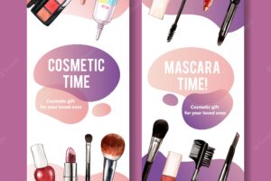 Cosmetic banner with mascara, lipstick, brush on
