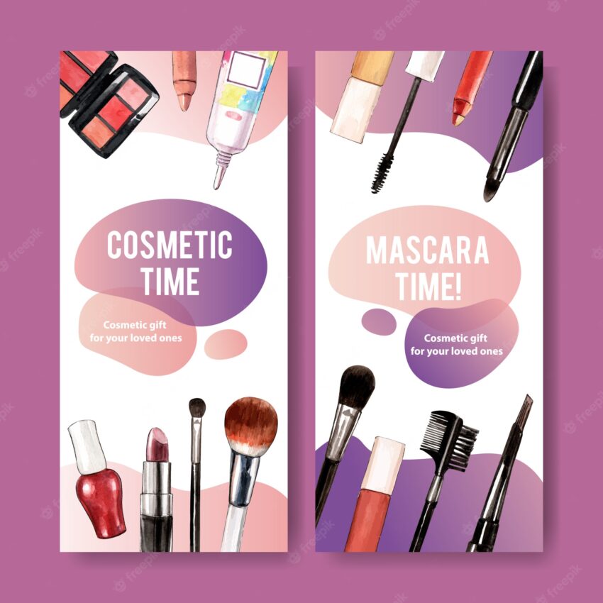 Cosmetic banner with mascara, lipstick, brush on