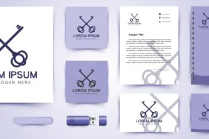 Crossed key logo and business card branding template designs inspiration isolated on white background
