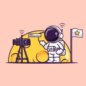 Cute astronaut vlogging on moon cartoon vector icon illustration. science technology icon isolated