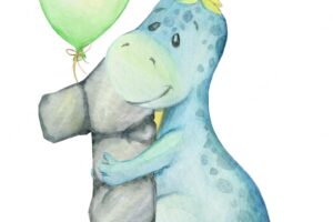 Cute dinosaur letter stone balloons watercolor clipart for the holiday the first birthday
