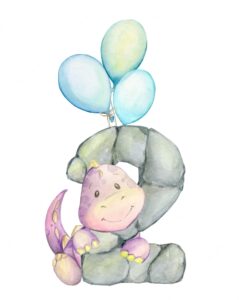 Cute dinosaur letter stone balloons watercolor clipart for the holiday the second birthday