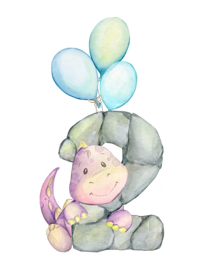 Cute dinosaur letter stone balloons watercolor clipart for the holiday the second birthday