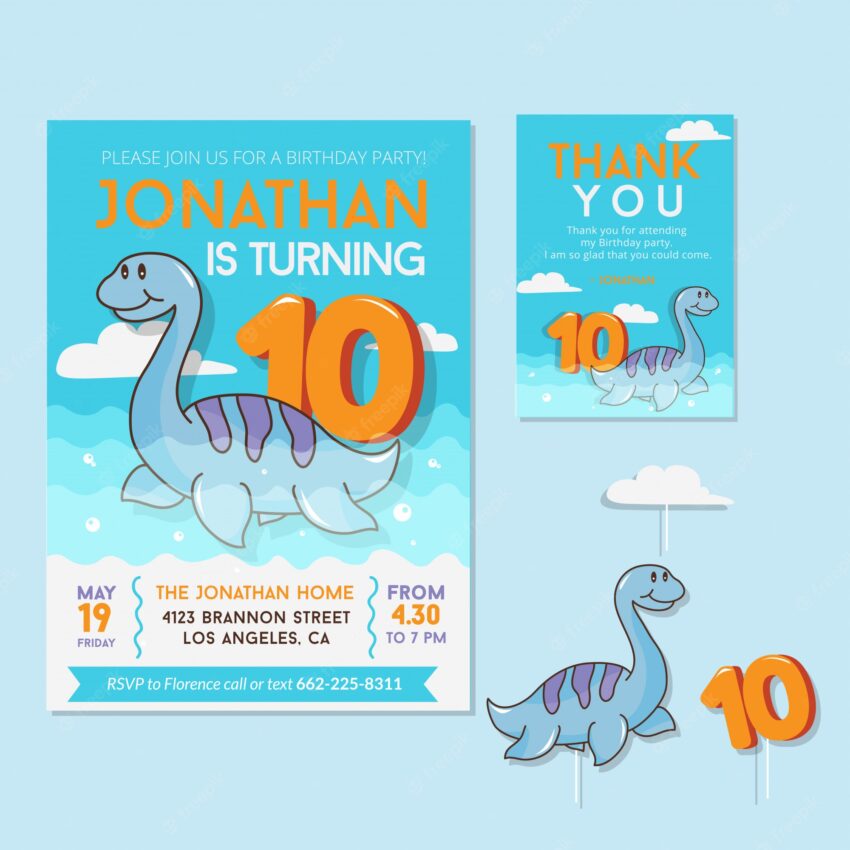 Cute dinosaur theme 10th birthday party invitation card
