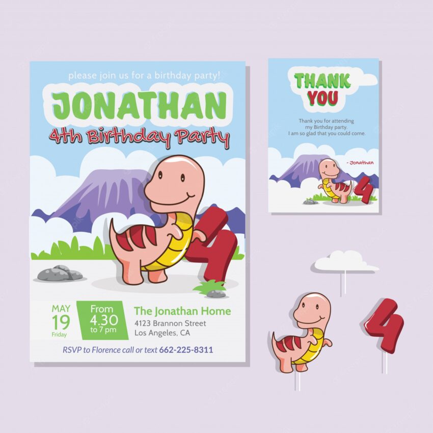 Cute dinosaur theme 4th birthday party invitation card