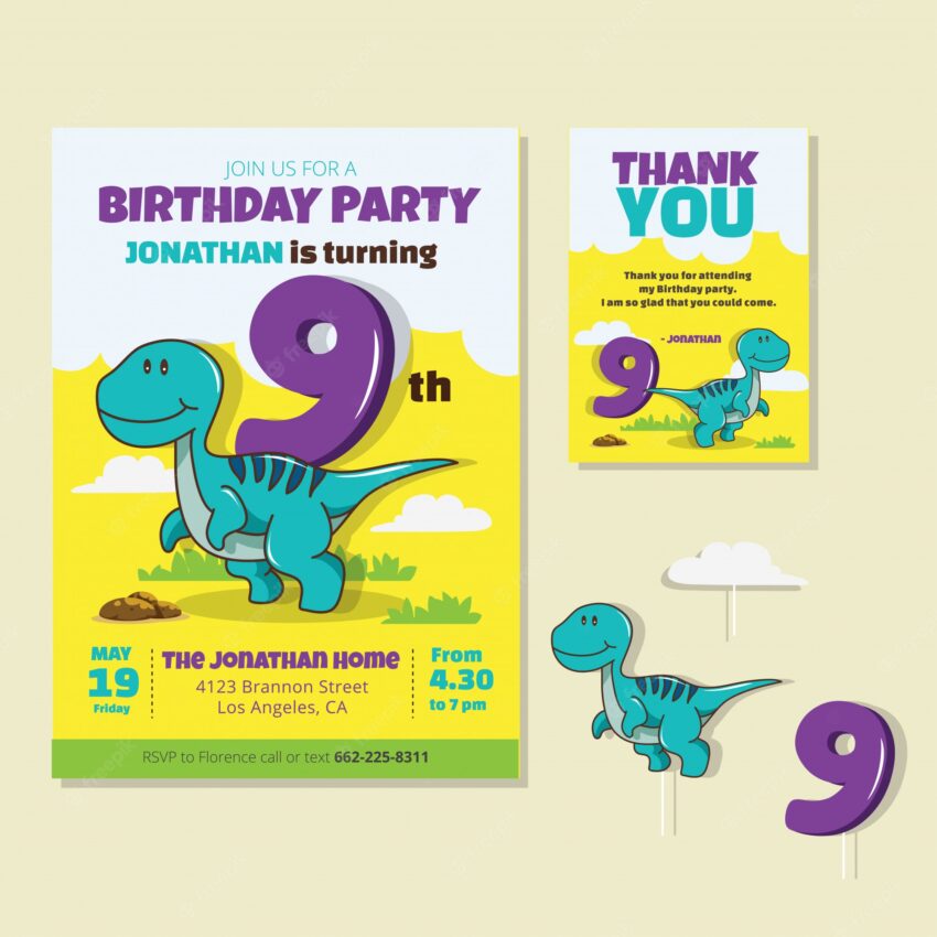 Cute dinosaur theme 9th birthday party invitation card