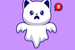 Cute ghost cat cartoon vector icon illustration. animal holiday icon concept isolated premium vector