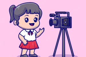Cute girl recording video on camera cartoon vector icon illustration. people technology isolated