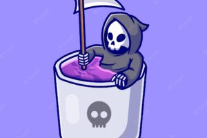 Cute grim reaper in mug cartoon illustration.