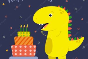 Cute happy birthday card with a cartoon dinosaur