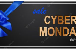 Cyber monday sale banner with blie bow and ribbons on black background. vector illustration for posters, flyers or cards.