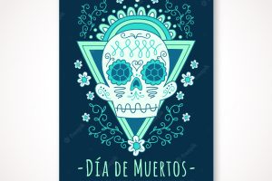 Day of the dead poster with hand drawn floral skull