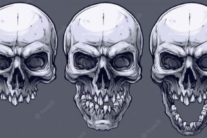 Detailed graphic black and white human skulls set
