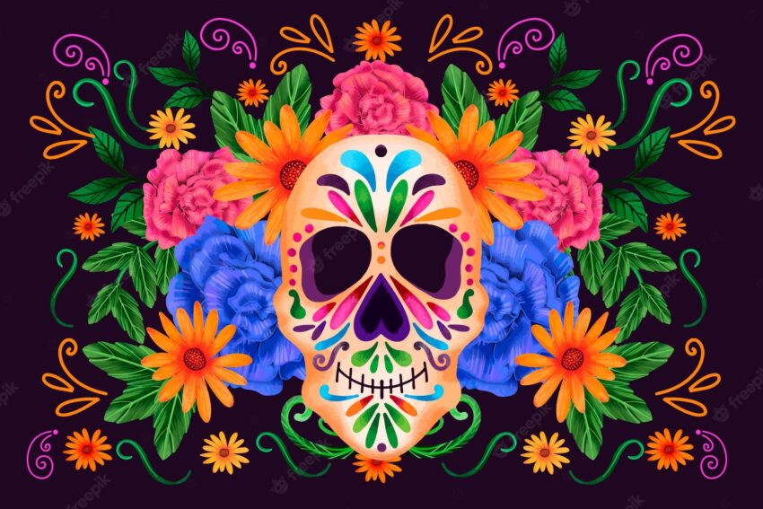 Dia de muertos front view skull with flowers background