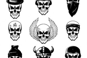 Different skull tattoo flat set