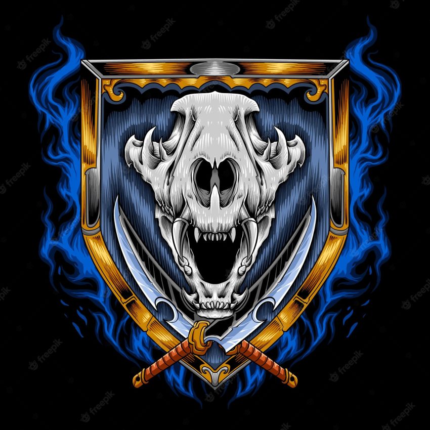Dog skull with sharp sword and shield on fire