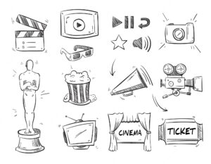 Doodle entertainment cinematography, movie film video, cinema icons.