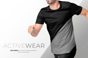 Editable men’s t-shirt psd mockup in black and gray activewear ad