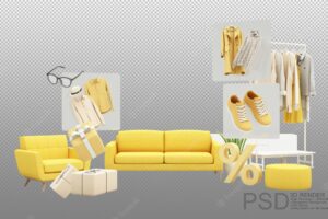 Fashion clothes during online shopping promotions and discounts will be surrounded by shirts shoes sunglasses and gift boxes and packages with advertising space banner at home 3d render psd