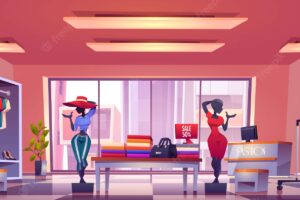 Fashion store interior with counter, mannequins, hangers and showcase with dresses and shoes
