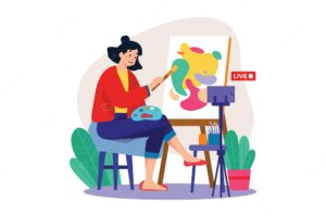 Female blogger draws a picture on canvas