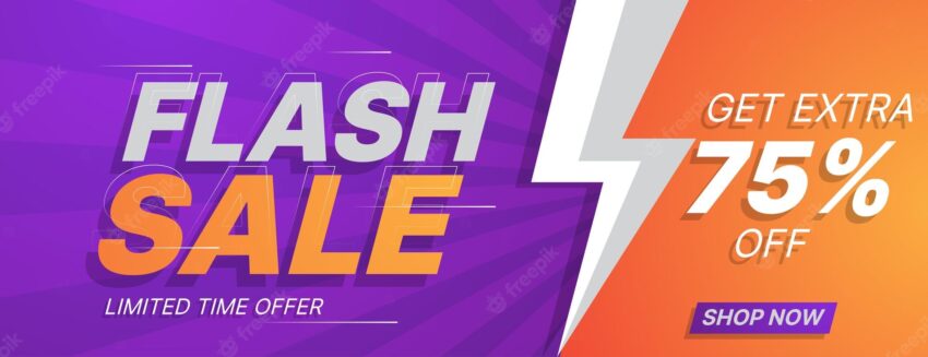 Flash sale banner in orange and purple color business vector illustration
