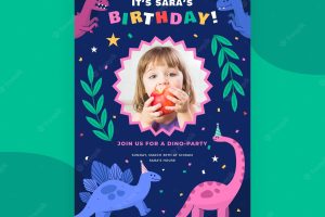 Flat dinosaur birthday invitation template with photo