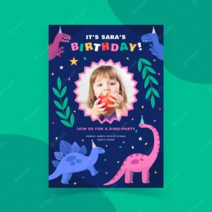 Flat dinosaur birthday invitation template with photo