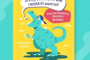 Flat dinosaur birthday invitation template