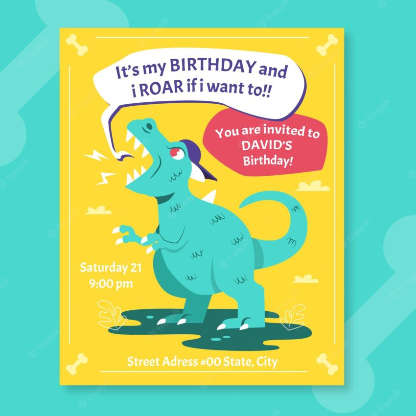 Flat dinosaur birthday invitation template