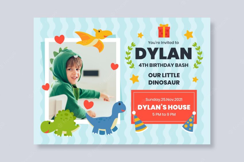 Flat dinosaur birthday invitation with photo template