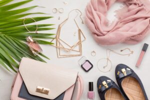 Flat lay with women accessories