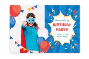 Flat superhero birthday invitation template with photo