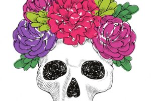 Flower skull and hand drawn leaves
