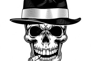 Gangster skull vector illustration. head of skeleton in hat with cigar in mouth. criminal and mafia concept for gang emblems or tattoo templates