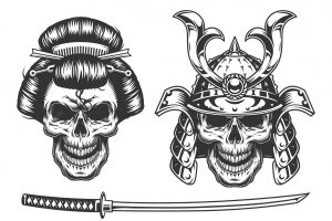 Geisha and samurai concept with skull