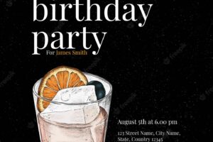 Gentleman birthday invitation template with cocktail illustration
