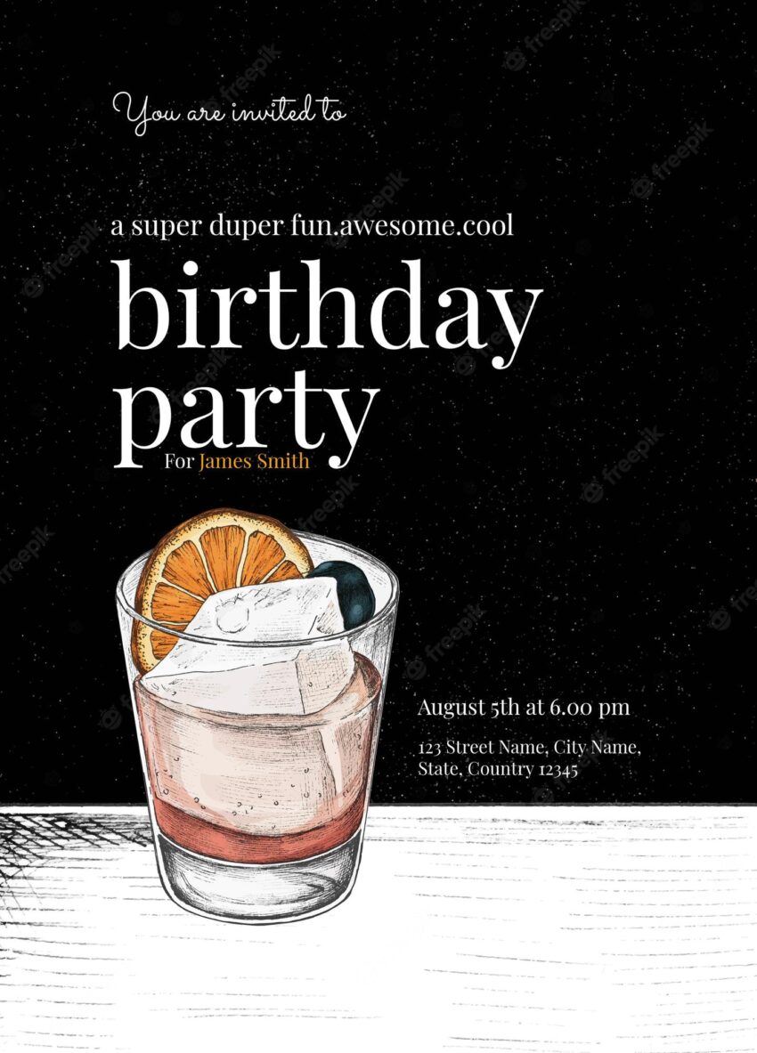 Gentleman birthday invitation template with cocktail illustration