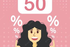 Girl smiles points her finger at a fifty percent discount. woman pointing 50. sale markdown goods