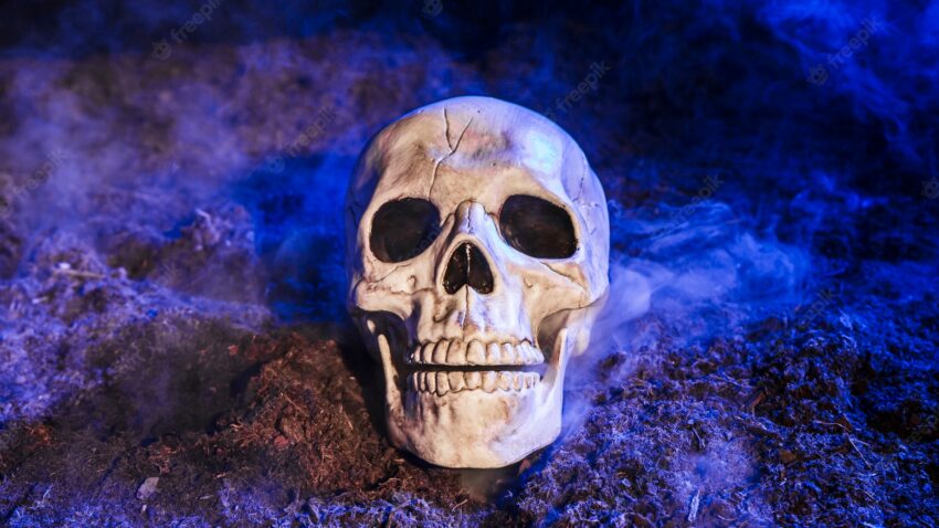 Gloomy skull illuminated by blue light on ground