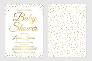 Gold confetti baby shower invitation card front and back side golden glittering polka dots invite for the parents tobe party vector illustration