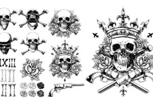 Graphic detailed skulls bones roses and gun set