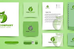 Green apple and negative space of fork logo and business branding template designs inspiration isolated on white background