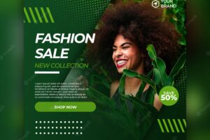 Green fashion sale banner or square flyer for social media post template