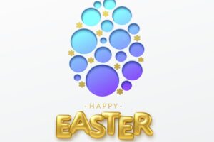 Greeting card with 3d realistic golden lettering happy easter and paper cut easter egg. vector illustration eps10