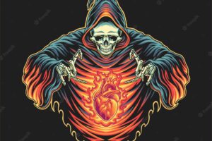 Grim reaper with burning heart illustration